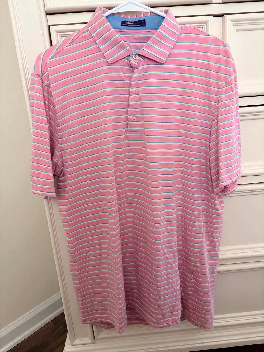 johnnie-O Pink Striped Polo with White & Light Blue Accents